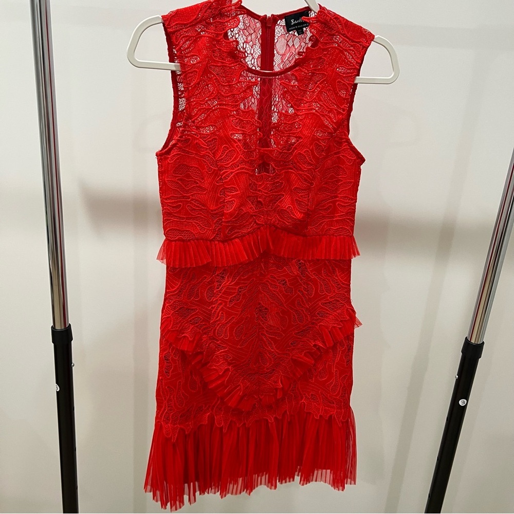 Bardot Red Lace Ruffle Detail Dress